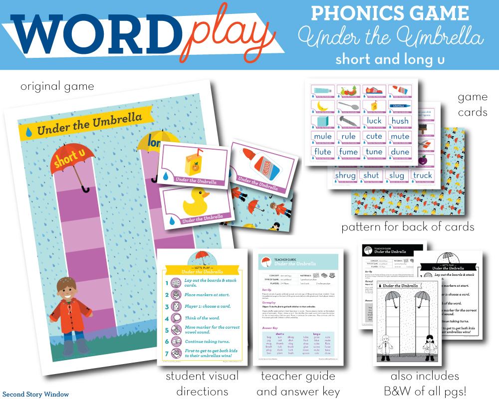 Under the Umbrella Short and Long Vowel U Phonics Game Words Their